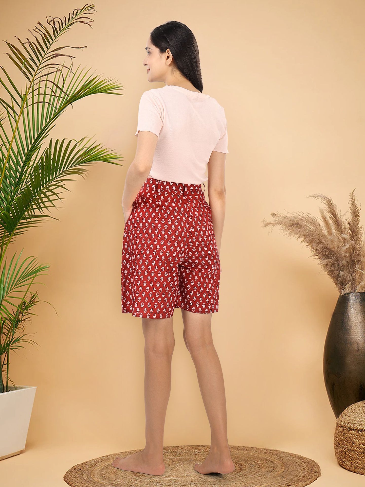 Red Hand Block Printed Cotton Shorts